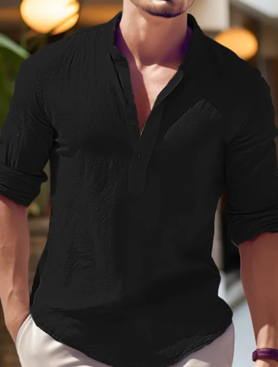 New OUKU Men's Cotton Linen Shirt Chinese Collar Shirt Mandarin Collar Shirt Plain Vacation Black White Navy Blue Blue Long Sleeve Henley Spring & Summer Clothing Apparel