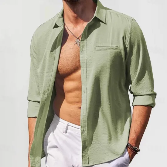 Best OUKU Men's Cotton Linen Shirt Plain Vacation Black White Green Apricot Long Sleeve Lapel Clothing Apparel Front Pocket