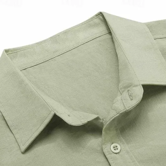 Best OUKU Men's Cotton Linen Shirt Plain Vacation Black White Green Apricot Long Sleeve Lapel Clothing Apparel Front Pocket