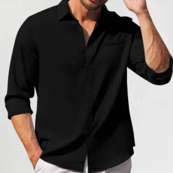 Best OUKU Men's Cotton Linen Shirt Plain Vacation Black White Green Apricot Long Sleeve Lapel Clothing Apparel Front Pocket