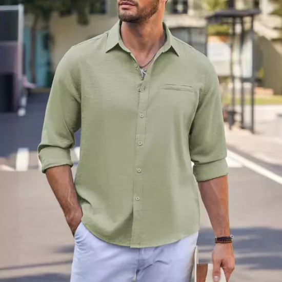 Best OUKU Men's Cotton Linen Shirt Plain Vacation Black White Green Apricot Long Sleeve Lapel Clothing Apparel Front Pocket