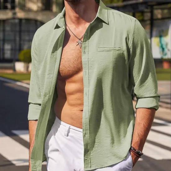 Best OUKU Men's Cotton Linen Shirt Plain Vacation Black White Green Apricot Long Sleeve Lapel Clothing Apparel Front Pocket