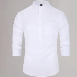 New OUKU Men's Cotton Linen Shirt Plain Daily Wear Black White Yellow Dark Navy 3/4 Length Sleeve Henley Clothing Apparel Button-Down