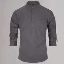 New OUKU Men's Cotton Linen Shirt Plain Daily Wear Black White Yellow Dark Navy 3/4 Length Sleeve Henley Clothing Apparel Button-Down