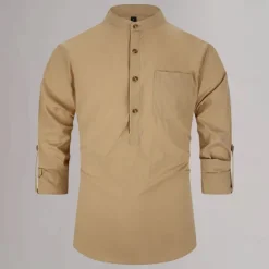 New OUKU Men's Cotton Linen Shirt Plain Daily Wear Black White Yellow Dark Navy 3/4 Length Sleeve Henley Clothing Apparel Button-Down