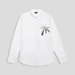 Outlet OUKU Men's Cotton Linen Shirt Palm Tree Outdoor Vacation White Blue Long Sleeve Turndown Summer Spring Clothing Apparel
