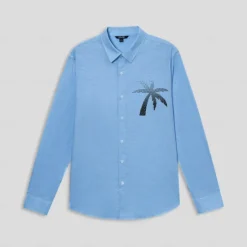 Outlet OUKU Men's Cotton Linen Shirt Palm Tree Outdoor Vacation White Blue Long Sleeve Turndown Summer Spring Clothing Apparel