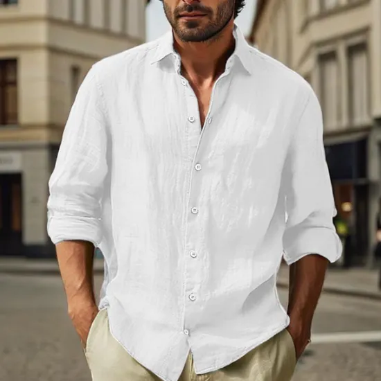 Clearance OUKU Men's Cotton Linen Shirt Plain Vacation Black White Pink Sky Blue Long Sleeve Turndown Clothing Apparel