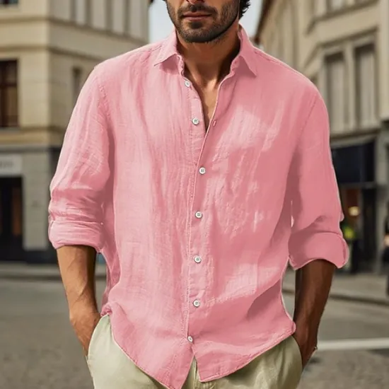Clearance OUKU Men's Cotton Linen Shirt Plain Vacation Black White Pink Sky Blue Long Sleeve Turndown Clothing Apparel