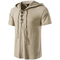 Online OUKU Men's Cotton Linen Shirt Summer Shirt Casual Shirt Beach Shirt Solid Color Vacation Casual Black White Khaki Dark Blue Short Sleeve Hooded Summer Clothing Apparel Drawstring