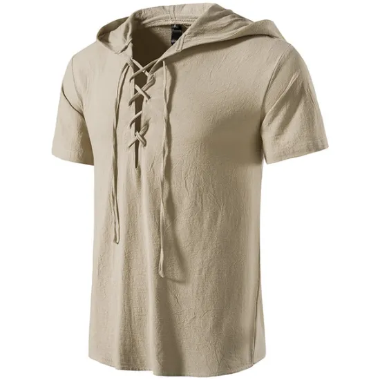 Online OUKU Men's Cotton Linen Shirt Summer Shirt Casual Shirt Beach Shirt Solid Color Vacation Casual Black White Khaki Dark Blue Short Sleeve Hooded Summer Clothing Apparel Drawstring
