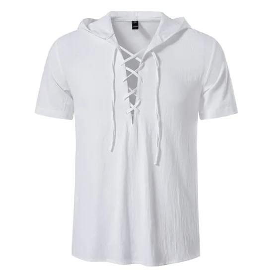 Online OUKU Men's Cotton Linen Shirt Summer Shirt Casual Shirt Beach Shirt Solid Color Vacation Casual Black White Khaki Dark Blue Short Sleeve Hooded Summer Clothing Apparel Drawstring