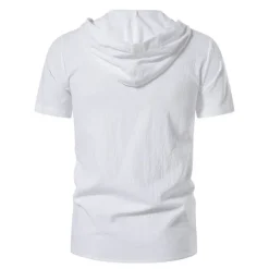 Online OUKU Men's Cotton Linen Shirt Summer Shirt Casual Shirt Beach Shirt Solid Color Vacation Casual Black White Khaki Dark Blue Short Sleeve Hooded Summer Clothing Apparel Drawstring