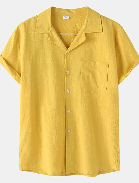 New OUKU Men's Cotton Linen Shirt White Cotton Shirt Summer Shirt Casual Shirt Cuban Collar Shirt Plain Vacation Hawaiian Black White Yellow Green Short Sleeve Lapel Spring & Summer Clothing Apparel Pocket