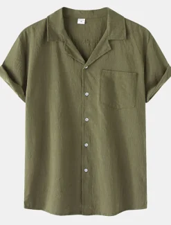 New OUKU Men's Cotton Linen Shirt White Cotton Shirt Summer Shirt Casual Shirt Cuban Collar Shirt Plain Vacation Hawaiian Black White Yellow Green Short Sleeve Lapel Spring & Summer Clothing Apparel Pocket