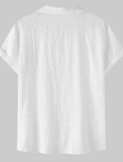 New OUKU Men's Cotton Linen Shirt White Cotton Shirt Summer Shirt Casual Shirt Cuban Collar Shirt Plain Vacation Hawaiian Black White Yellow Green Short Sleeve Lapel Spring & Summer Clothing Apparel Pocket