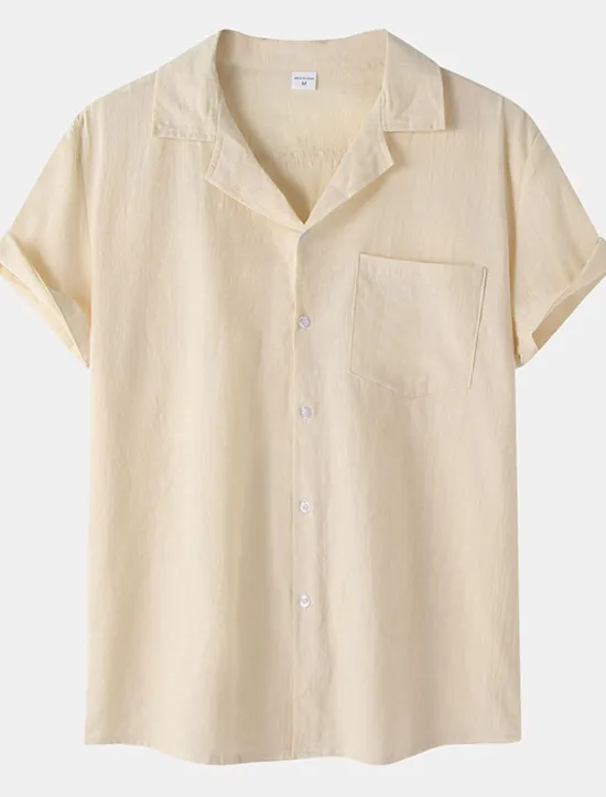 New OUKU Men's Cotton Linen Shirt White Cotton Shirt Summer Shirt Casual Shirt Cuban Collar Shirt Plain Vacation Hawaiian Black White Yellow Green Short Sleeve Lapel Spring & Summer Clothing Apparel Pocket