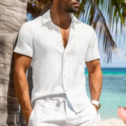 Discount OUKU Men's Cotton Linen Shirt White Cotton Shirt Summer Shirt Casual Shirt Cuban Collar Shirt Plain Vacation Curise Black White Navy Blue Khaki Short Sleeve Lapel Spring & Summer Clothing Apparel Pocket