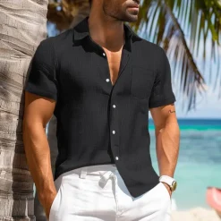 Discount OUKU Men's Cotton Linen Shirt White Cotton Shirt Summer Shirt Casual Shirt Cuban Collar Shirt Plain Vacation Curise Black White Navy Blue Khaki Short Sleeve Lapel Spring & Summer Clothing Apparel Pocket