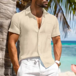 Discount OUKU Men's Cotton Linen Shirt White Cotton Shirt Summer Shirt Casual Shirt Cuban Collar Shirt Plain Vacation Curise Black White Navy Blue Khaki Short Sleeve Lapel Spring & Summer Clothing Apparel Pocket