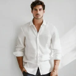 OUKU Men's Cotton Linen Shirt White Light Blue Long Sleeve Solid Color Shirt Collar School Formal Buttons Clothing Apparel Elegant Vacation Vintage Tropical