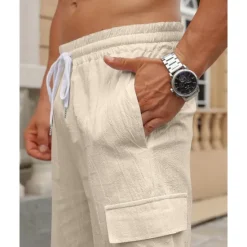 Online OUKU Men's Cotton Linen Shorts Cargo Shorts Shorts Summer Shorts Drawstring Elastic Waist Multi Pocket Plain Comfort Wearable Knee Length Outdoor Sport Daily Fashion Casual Black White Micro-elastic