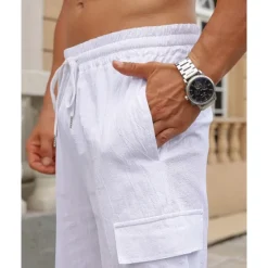 Online OUKU Men's Cotton Linen Shorts Cargo Shorts Shorts Summer Shorts Drawstring Elastic Waist Multi Pocket Plain Comfort Wearable Knee Length Outdoor Sport Daily Fashion Casual Black White Micro-elastic