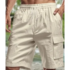 Online OUKU Men's Cotton Linen Shorts Cargo Shorts Shorts Summer Shorts Drawstring Elastic Waist Multi Pocket Plain Comfort Wearable Knee Length Outdoor Sport Daily Fashion Casual Black White Micro-elastic