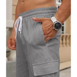 Online OUKU Men's Cotton Linen Shorts Cargo Shorts Shorts Summer Shorts Drawstring Elastic Waist Multi Pocket Plain Comfort Wearable Knee Length Outdoor Sport Daily Fashion Casual Black White Micro-elastic
