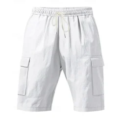 Online OUKU Men's Cotton Linen Shorts Cargo Shorts Shorts Summer Shorts Drawstring Elastic Waist Multi Pocket Plain Comfort Wearable Knee Length Outdoor Sport Daily Fashion Casual Black White Micro-elastic