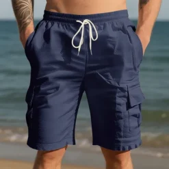 New OUKU Men's Cotton Linen Shorts Cargo Shorts Shorts Summer Shorts Drawstring Elastic Waist Multi Pocket Plain Comfort Wearable Knee Length Outdoor Sport Daily Fashion Casual Black White
