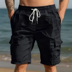 New OUKU Men's Cotton Linen Shorts Cargo Shorts Shorts Summer Shorts Drawstring Elastic Waist Multi Pocket Plain Comfort Wearable Knee Length Outdoor Sport Daily Fashion Casual Black White