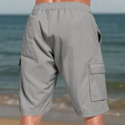 New OUKU Men's Cotton Linen Shorts Cargo Shorts Shorts Summer Shorts Drawstring Elastic Waist Multi Pocket Plain Comfort Wearable Knee Length Outdoor Sport Daily Fashion Casual Black White