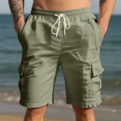 New OUKU Men's Cotton Linen Shorts Cargo Shorts Shorts Summer Shorts Drawstring Elastic Waist Multi Pocket Plain Comfort Wearable Knee Length Outdoor Sport Daily Fashion Casual Black White