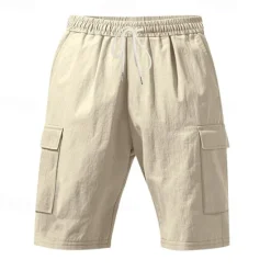 New OUKU Men's Cotton Linen Shorts Cargo Shorts Shorts Summer Shorts Drawstring Elastic Waist Multi Pocket Plain Comfort Wearable Knee Length Outdoor Sport Daily Fashion Casual Black White