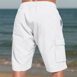 New OUKU Men's Cotton Linen Shorts Cargo Shorts Shorts Summer Shorts Drawstring Elastic Waist Multi Pocket Plain Comfort Wearable Knee Length Outdoor Sport Daily Fashion Casual Black White