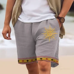 New OUKU Men's Cotton Linen Shorts Summer Shorts Beach Shorts Print Drawstring Elastic Waist Sun Comfort Breathable Short Outdoor Holiday Going out Cotton Blend Ethnic Style Casual White Pink