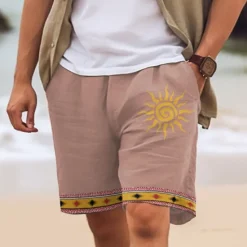 New OUKU Men's Cotton Linen Shorts Summer Shorts Beach Shorts Print Drawstring Elastic Waist Sun Comfort Breathable Short Outdoor Holiday Going out Cotton Blend Ethnic Style Casual White Pink
