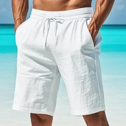 Clearance OUKU Men's Cotton Linen Shorts Pocket Drawstring Elastic Waist Plain Comfort Breathable Short Vacation Black White