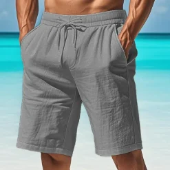 Clearance OUKU Men's Cotton Linen Shorts Pocket Drawstring Elastic Waist Plain Comfort Breathable Short Vacation Black White