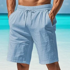 Clearance OUKU Men's Cotton Linen Shorts Pocket Drawstring Elastic Waist Plain Comfort Breathable Short Vacation Black White