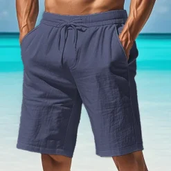 Clearance OUKU Men's Cotton Linen Shorts Pocket Drawstring Elastic Waist Plain Comfort Breathable Short Vacation Black White