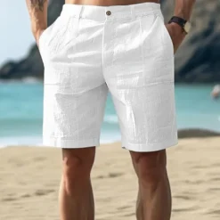Hot OUKU Men's Cotton Linen Shorts Summer Shorts Beach Shorts Buttons Pocket Plain Comfort Breathable Short Vacation Holiday Beach Hawaiian Boho White Khaki