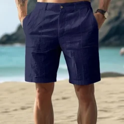 Hot OUKU Men's Cotton Linen Shorts Summer Shorts Beach Shorts Buttons Pocket Plain Comfort Breathable Short Vacation Holiday Beach Hawaiian Boho White Khaki