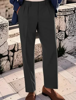 Outlet OUKU Men's Cotton Pants Chinos Buttons Pocket Pleats Plain Comfort Work Business Classic Style Black Navy Blue Micro-elastic