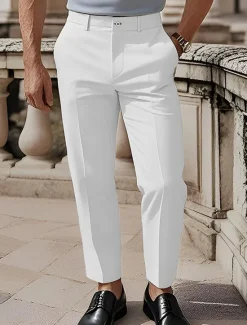 OUKU Men's Cotton Pants Chinos Slacks Buttons Pocket Plain Comfort Formal Party Work Fashion Classic Style Black White Micro-elastic