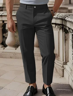 OUKU Men's Cotton Pants Chinos Slacks Buttons Pocket Plain Comfort Formal Party Work Fashion Classic Style Black White Micro-elastic