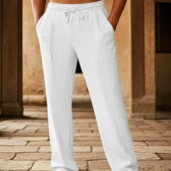 Clearance OUKU Men's Cotton Pants Pocket Drawstring Elastic Waist Plain Comfort Breathable Vacation Hawaiian Boho Black White