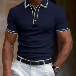 Discount OUKU Men's Cotton Polo Shirt Golf Shirt Work Business Ribbed Polo Collar Classic Short Sleeve Basic Modern Solid Color Patchwork Buttons Spring & Summer Regular Fit Dark Grey Black Burgundy Navy Blue