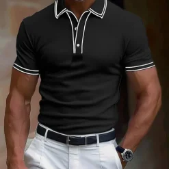Discount OUKU Men's Cotton Polo Shirt Golf Shirt Work Business Ribbed Polo Collar Classic Short Sleeve Basic Modern Solid Color Patchwork Buttons Spring & Summer Regular Fit Dark Grey Black Burgundy Navy Blue